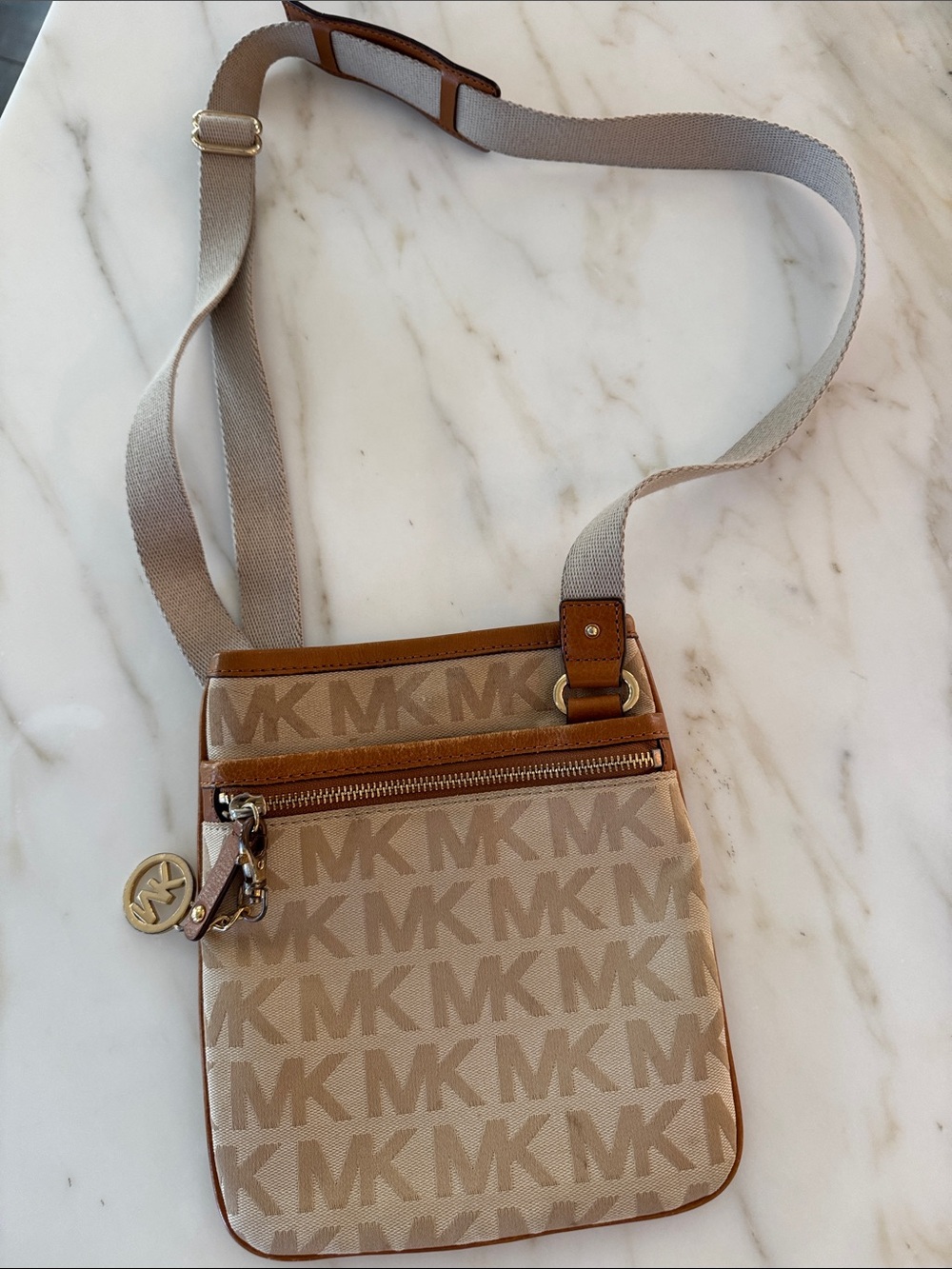 Michael Kors Beige and Tan Logo Crossbody Belt Bag